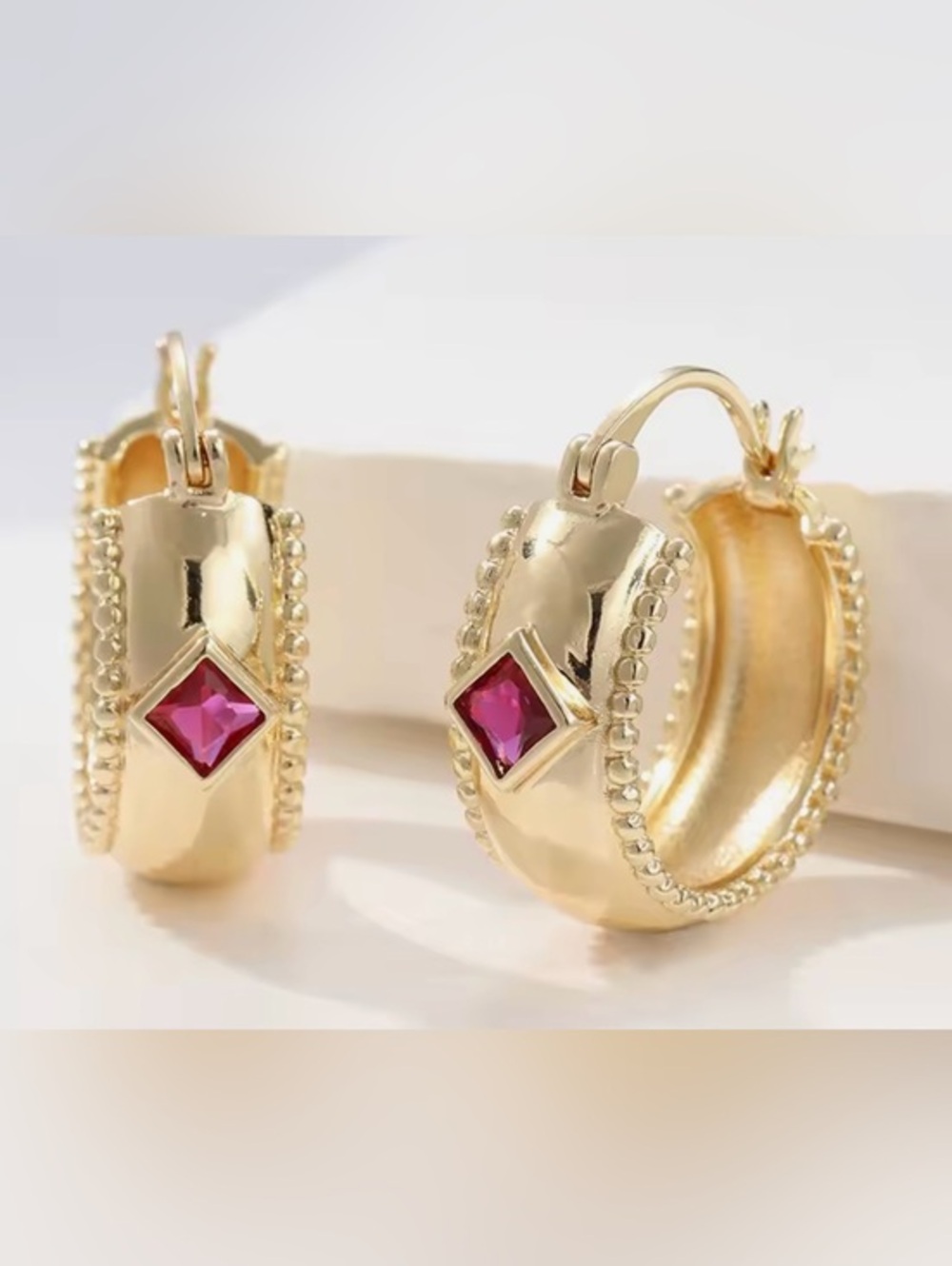 New 18k Gold and Garnet Hoop Earrings